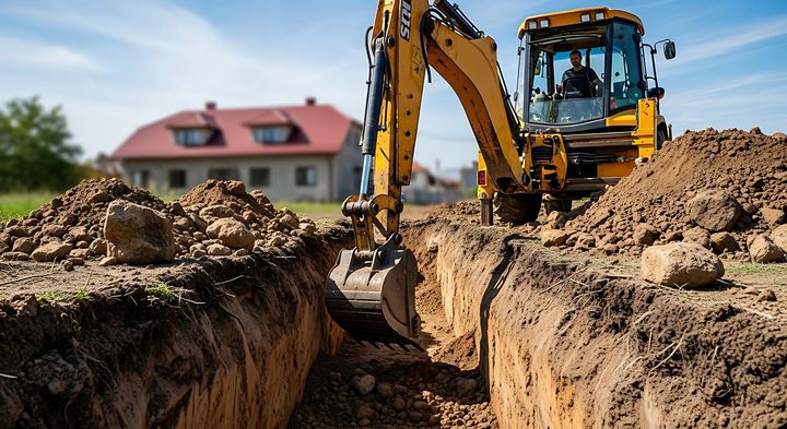 Une pelleteuse jaune creuse une tranchée sur un chantier de construction, avec des tas de terre et une maison en arrière-plan.