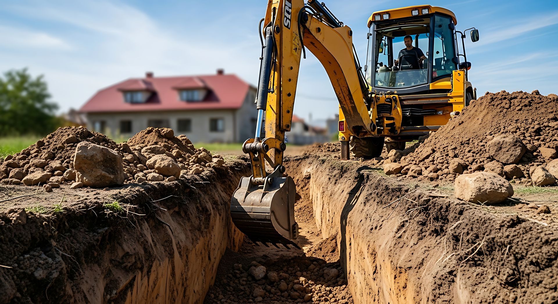 Une pelleteuse jaune creuse une tranchée à côté de tas de terre près d'une maison en construction.