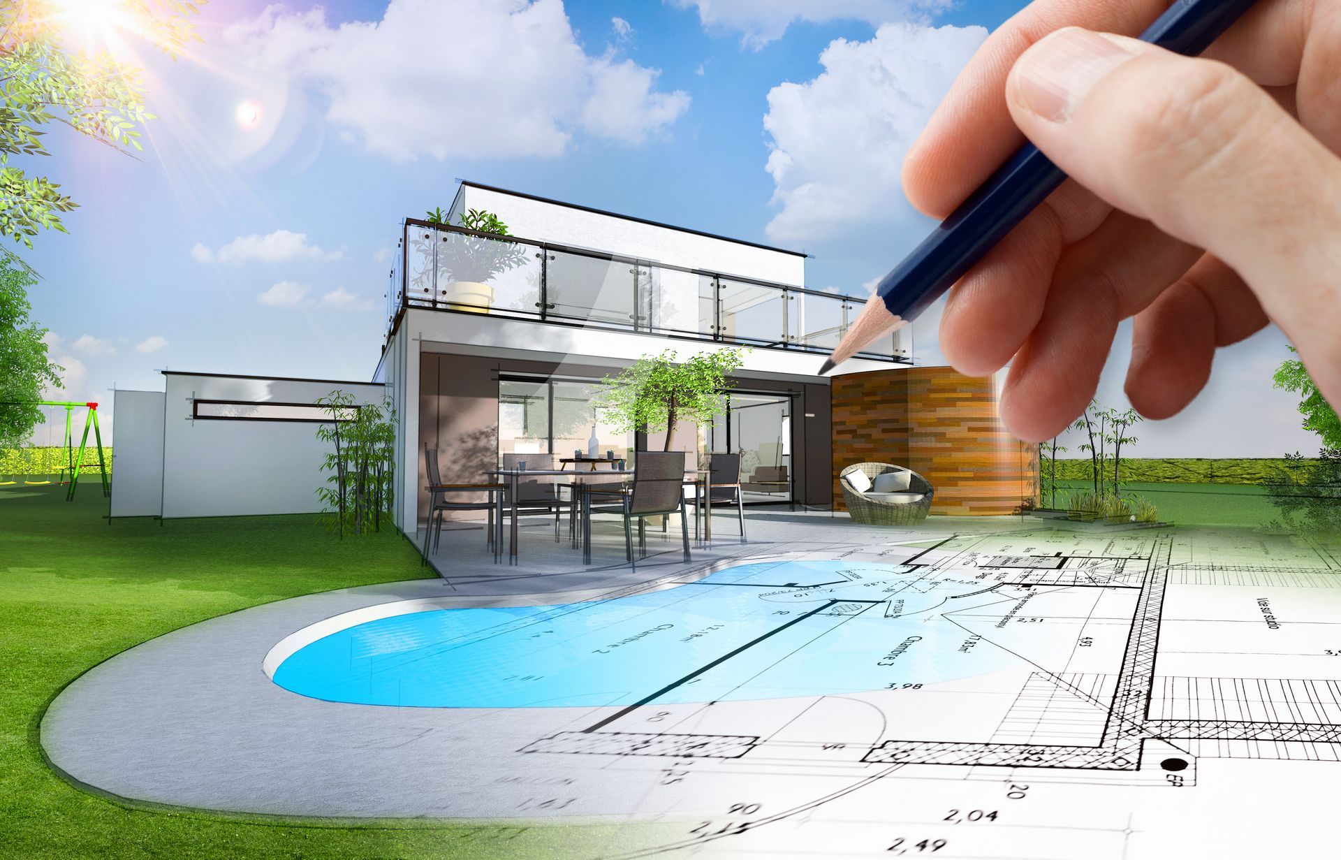 Croquis à la main d'une maison moderne et d'un design de piscine dans le jardin