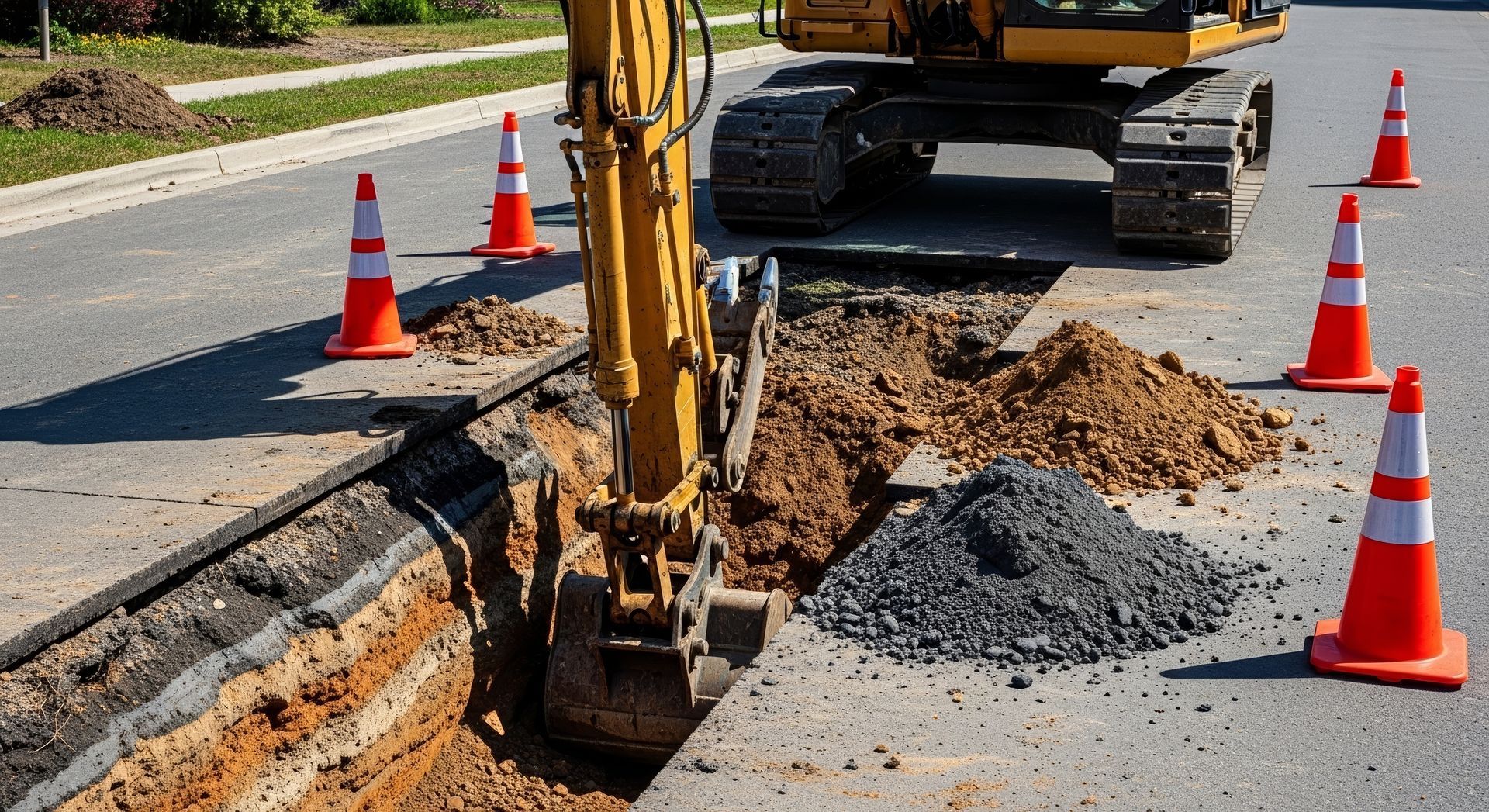 Une excavatrice creuse une tranchée au bord d'une route, entourée de cônes orange et de tas de terre.