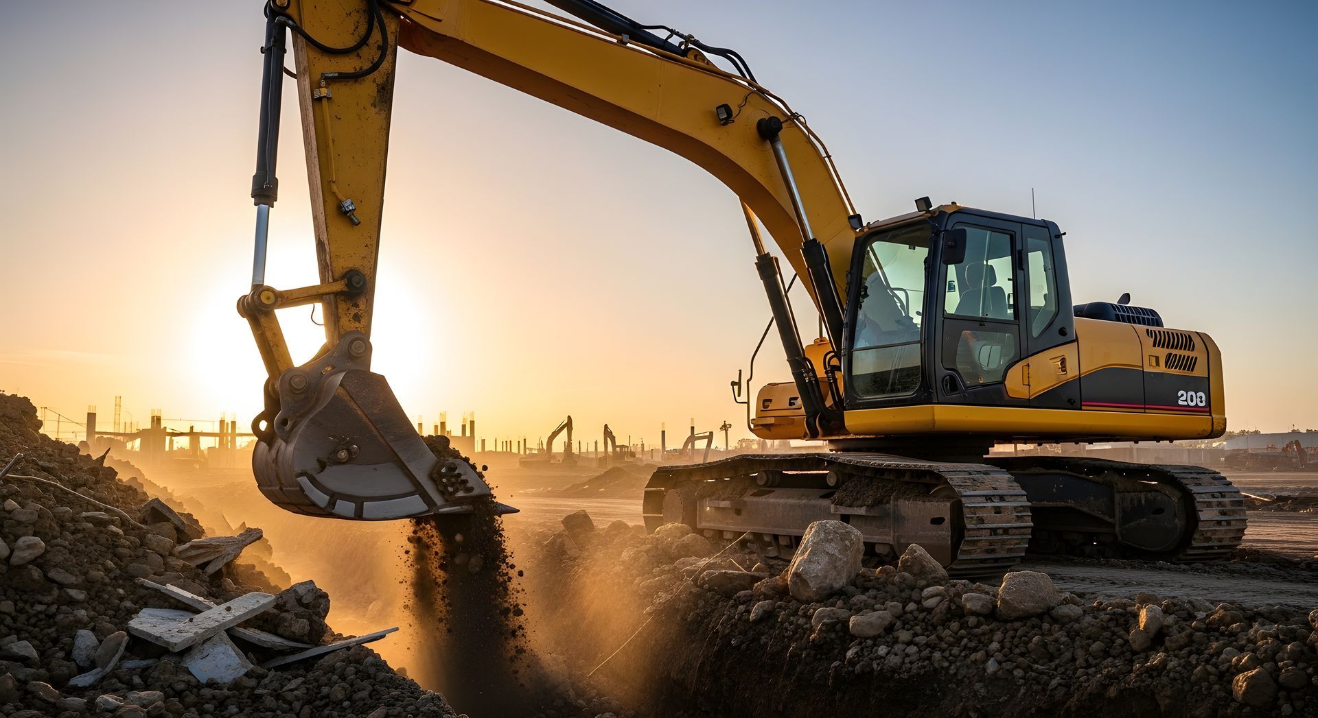 Une pelleteuse jaune dégage des gravats sur un chantier de construction au coucher du soleil