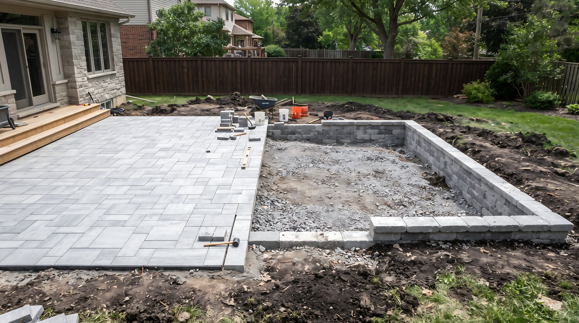 Terrasse arrière en construction avec une partie pavée et des fondations en gravier apparent