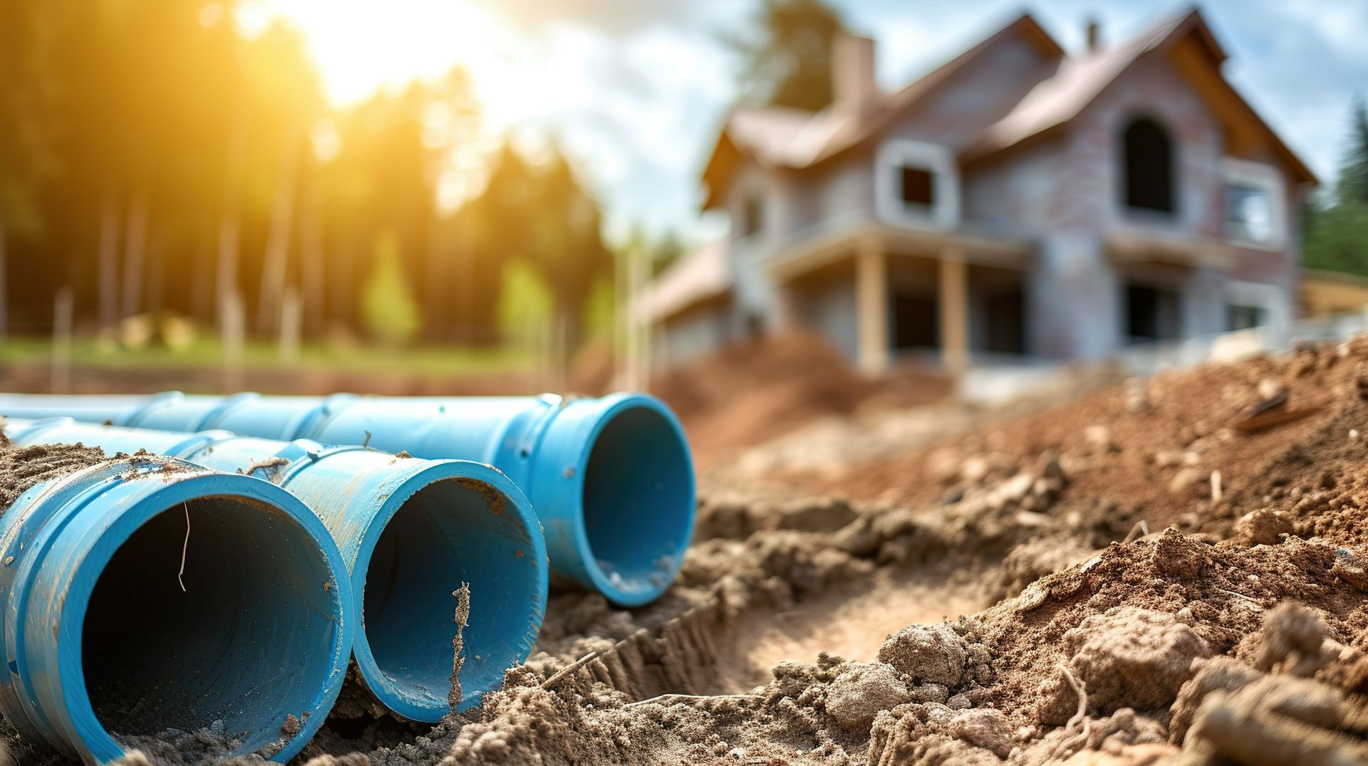 Des tuyaux en PVC bleus dans la terre d'un chantier de construction, avec une maison en construction en arrière-plan.