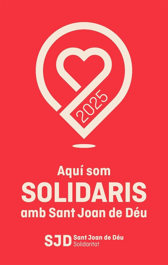 Cartel rojo con el logo blanco de un marcador de ubicación en forma de corazón y el texto "SOLIDARIS amb Sant Joan de Déu".
