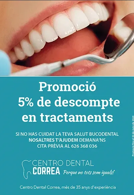 Un anuncio del Centro Dental Correa muestra a una mujer haciéndose un examen dental.
