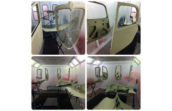 Un collage de cuatro imágenes de un coche siendo pintado.