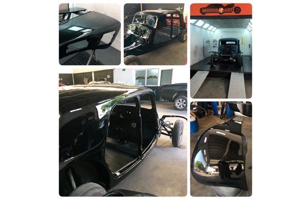 Un collage de imágenes de un coche en proceso de reparación.