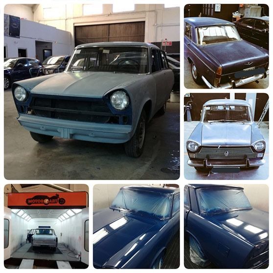 Un collage de imágenes de un coche azul en un garaje.
