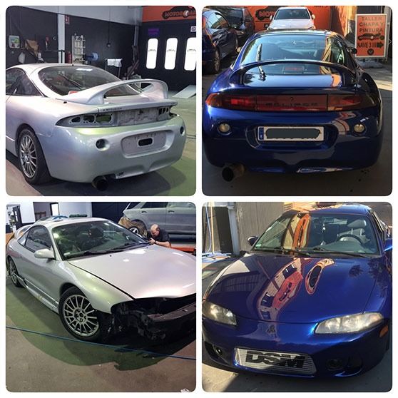Un collage de cuatro imágenes de un coche deportivo plateado y azul.