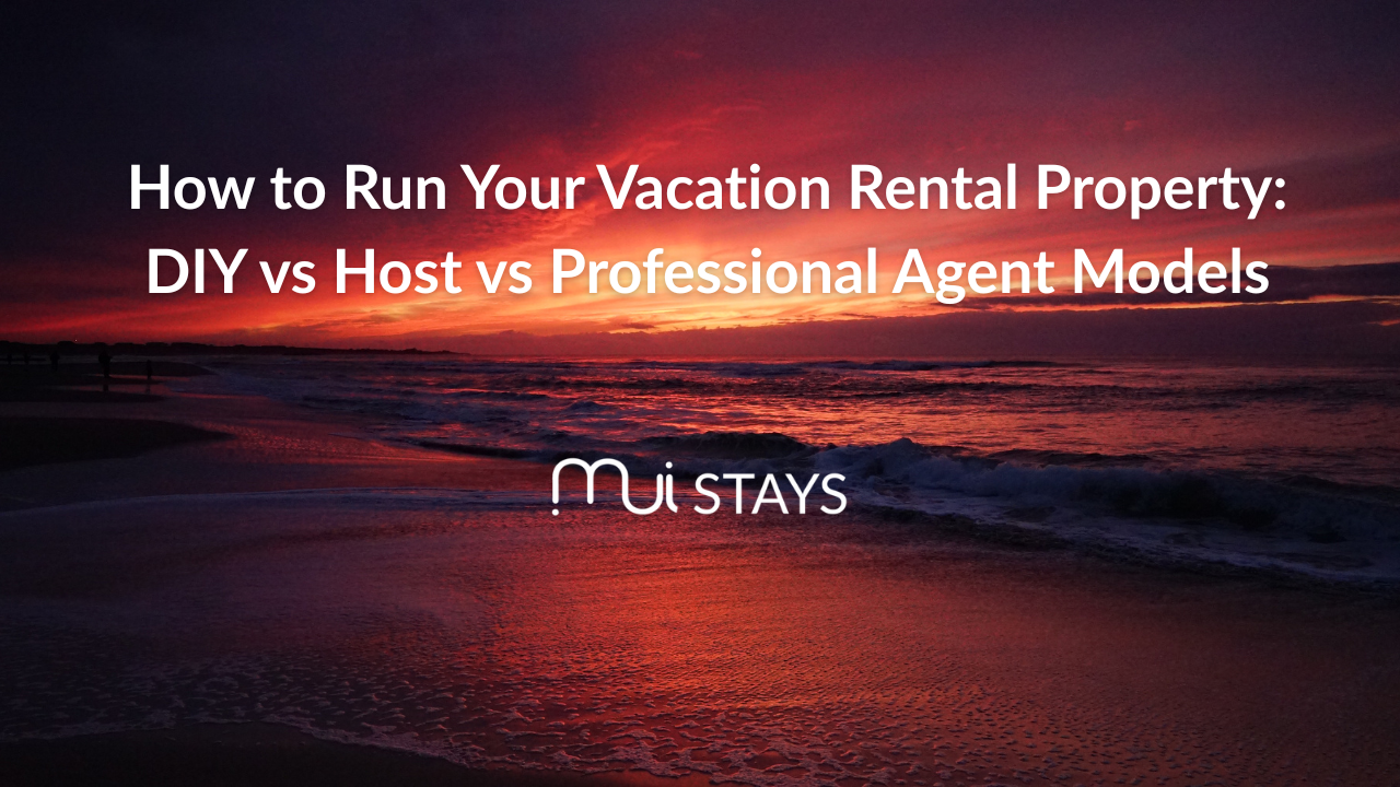 Vibrant sunset over Muizenberg beach with the title 'How to Run Your Vacation Rental Property: DIY v