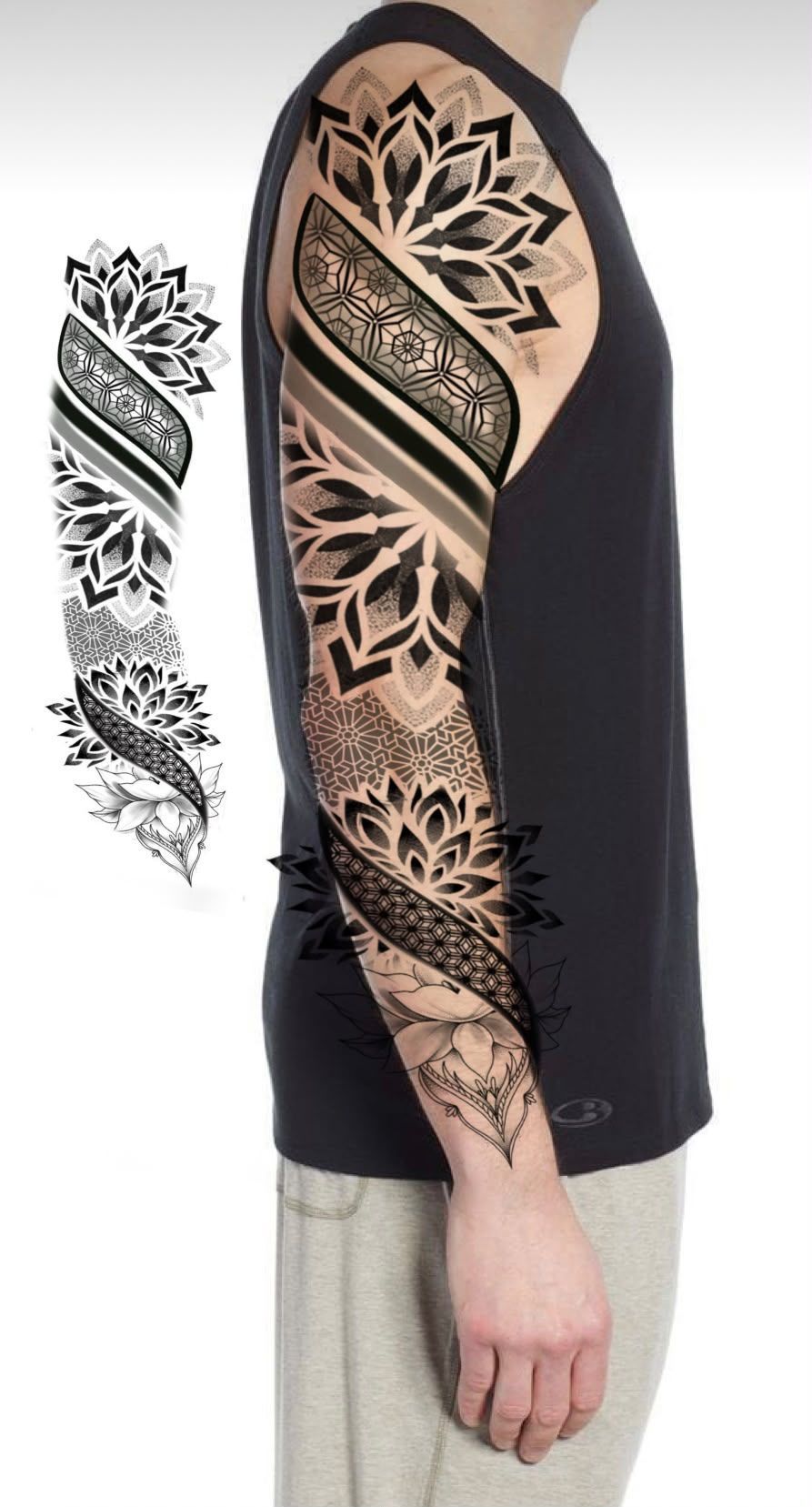 Vista lateral de una persona con una camiseta negra sin mangas y un gran tatuaje tribal que le cubre todo el brazo