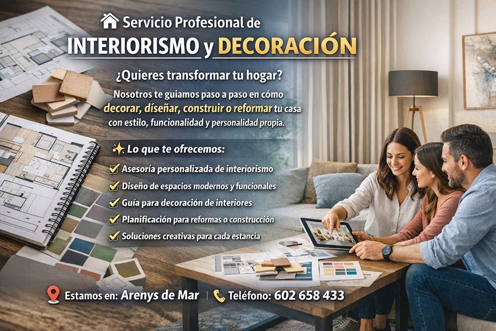 Anuncio de servicios de diseño de interiores. Una pareja y un diseñador analizan diseños. Texto en español.