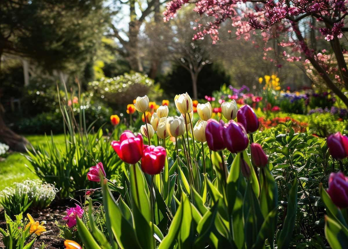 Tulipanes coloridos en un jardín soleado con césped verde y árboles en flor.