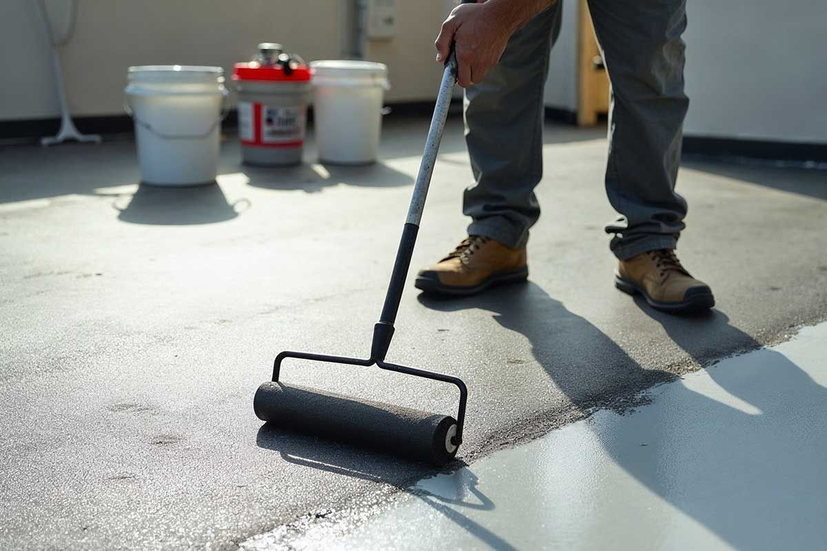 Persona aplicando sellador a una superficie con un rodillo. Cubos y contenedores al fondo.
