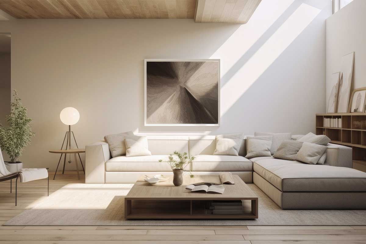 Sala de estar moderna y luminosa con tonos neutros, sofá seccional grande, obras de arte y luz natural.