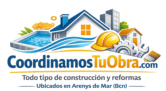 Construction site logo: crane, building, pool, text "Coordinación de Obras y Piscinas" in blue and white.