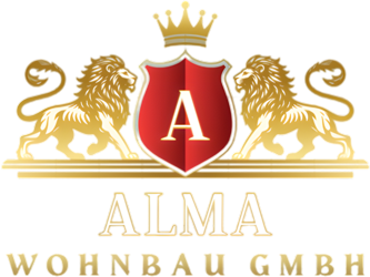 Logo der Alma Wohnbau GmbH mit einer goldenen Krone und zwei Löwen, die einen roten Schild mit einem weißen Buchstaben A flankieren.