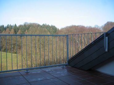 Metallgeländer an einem Balkon mit Blick ins Grüne