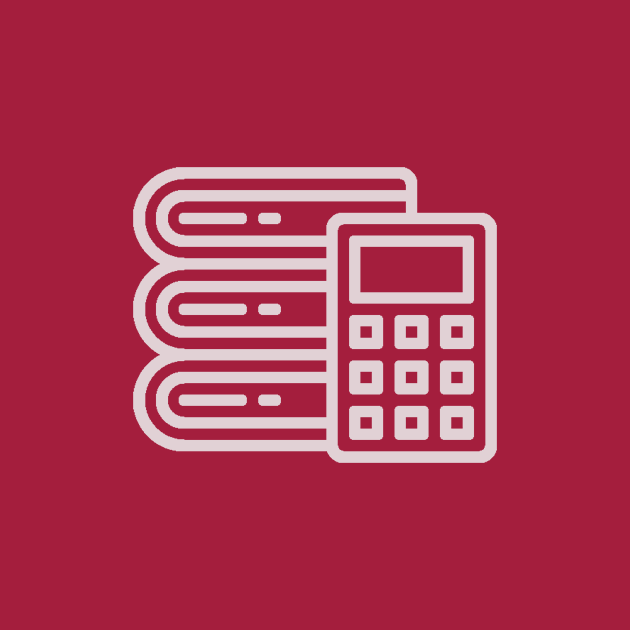 Stapel Bücher und Taschenrechner auf rotem Hintergrund, was auf Bildung oder Finanzen hindeutet.