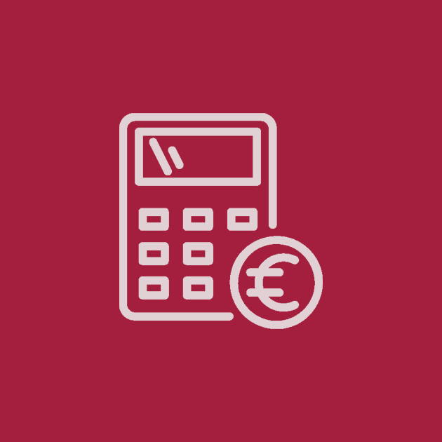 Taschenrechnersymbol mit einem Euro-Symbol auf burgunderfarbenem Hintergrund.