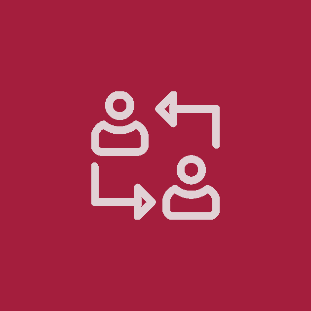 Zwei Personensymbole mit Pfeilen, die Austausch oder Interaktion anzeigen.