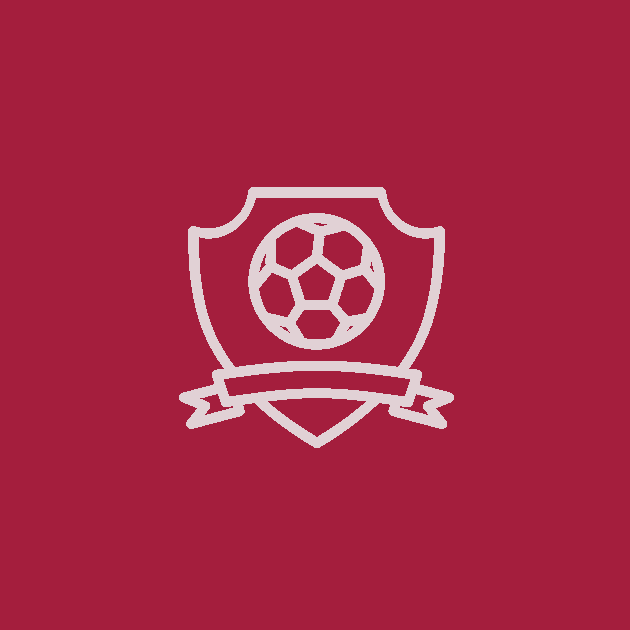 Fußball in einem Schild mit Band, ganz in Weiß auf kastanienbraunem Hintergrund.