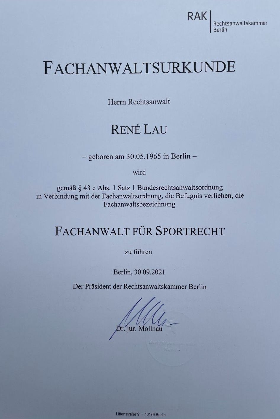 Rene Lau Fachanwalt für Sportrecht