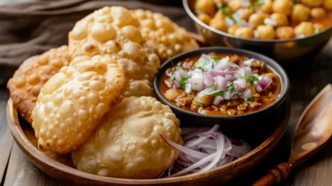 Plato de chole bhature: pan frito inflado, curry de garbanzos con cebollas y garbanzos.