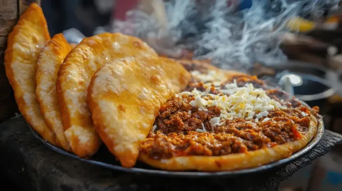 Pasteles fritos y carne picada cubiertos con queso en una bandeja de metal, con vapor elevándose.