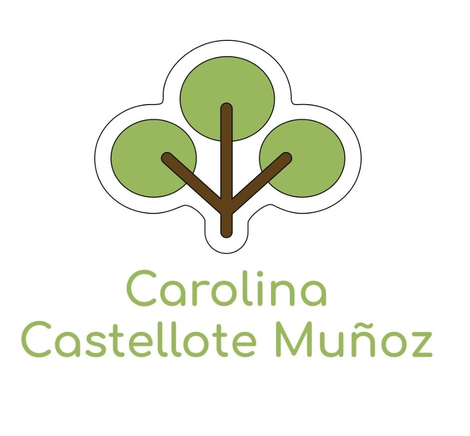 Logotipo: Diseño de árbol de tres hojas sobre el texto "Carolina Castellote Muñoz" en verde.
