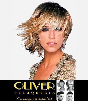 Mujer con cabello rubio y castaño en capas, anuncio de Oliver Peluquería.