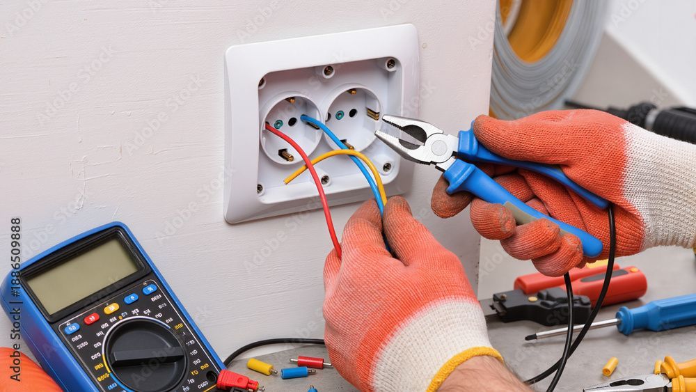 Ein Elektriker mit roten Handschuhen montiert eine weisse Wandsteckdose; Werkzeug und Multimeter stehen in der Nähe.