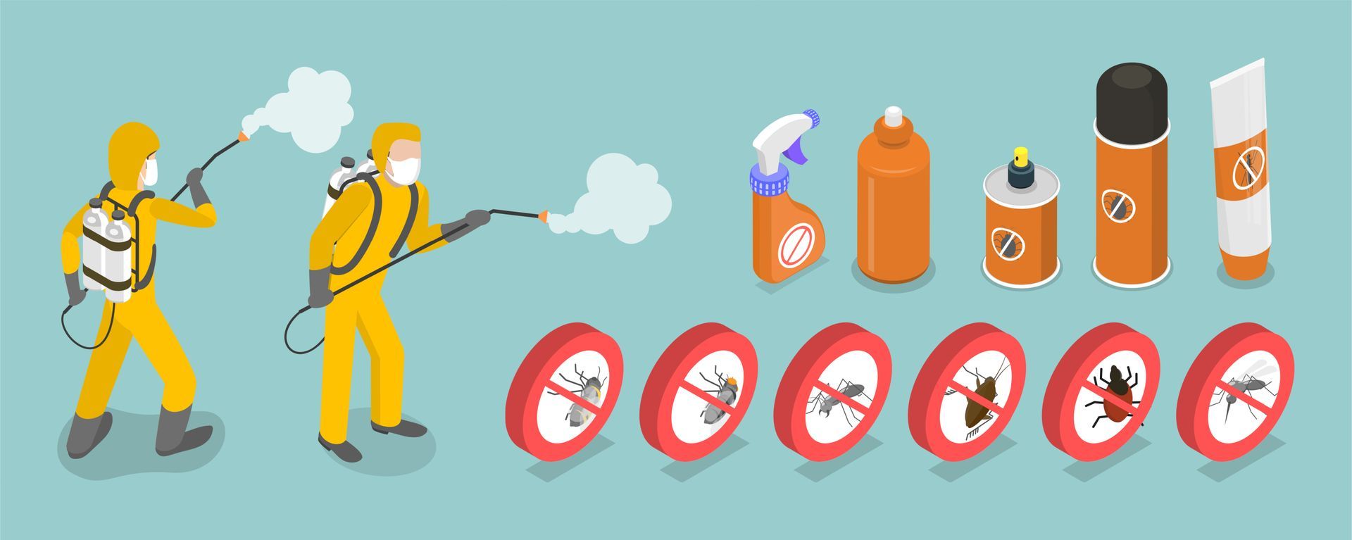 Des agents de lutte antiparasitaire en combinaison de protection pulvérisent de l'insecticide