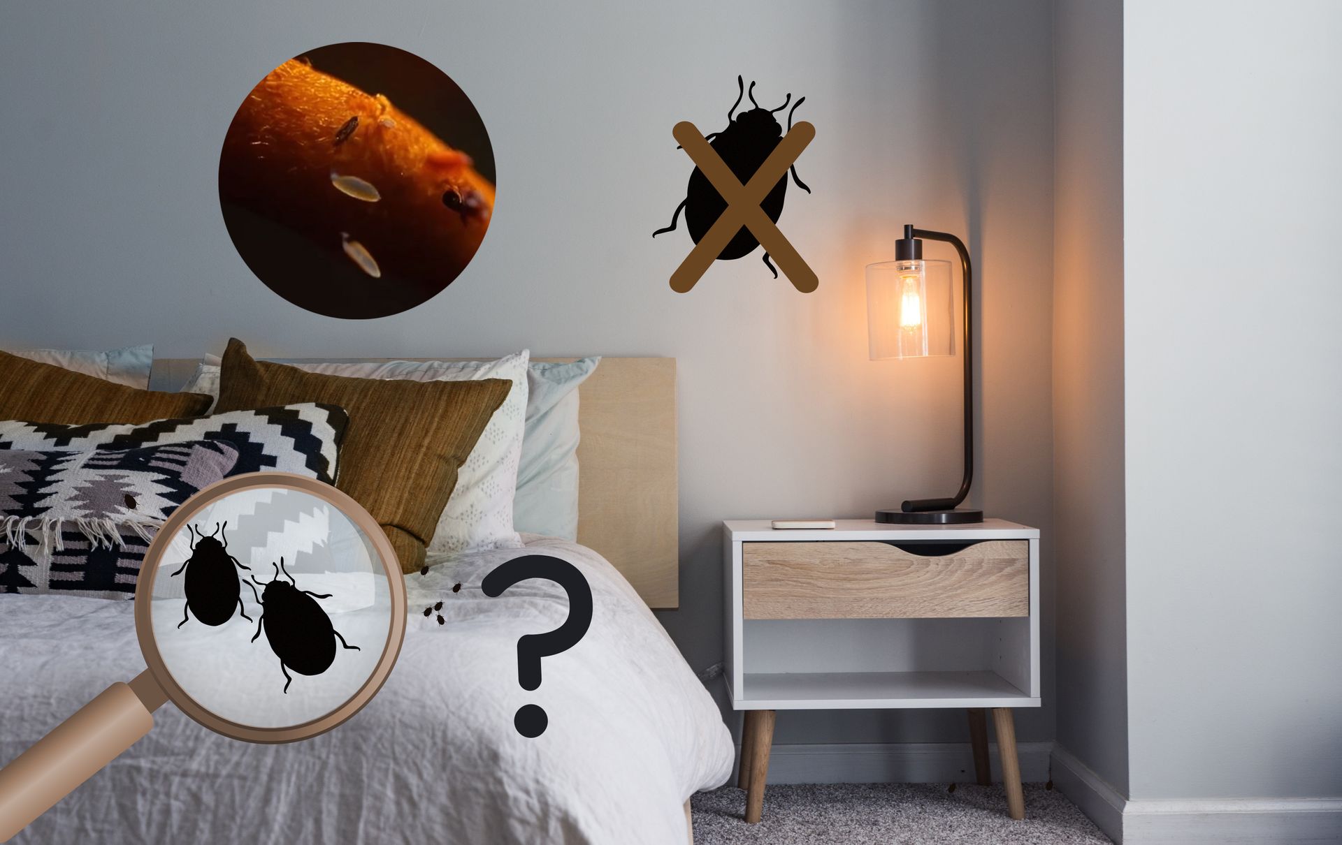 Chambre avec lit, table de chevet et insectes