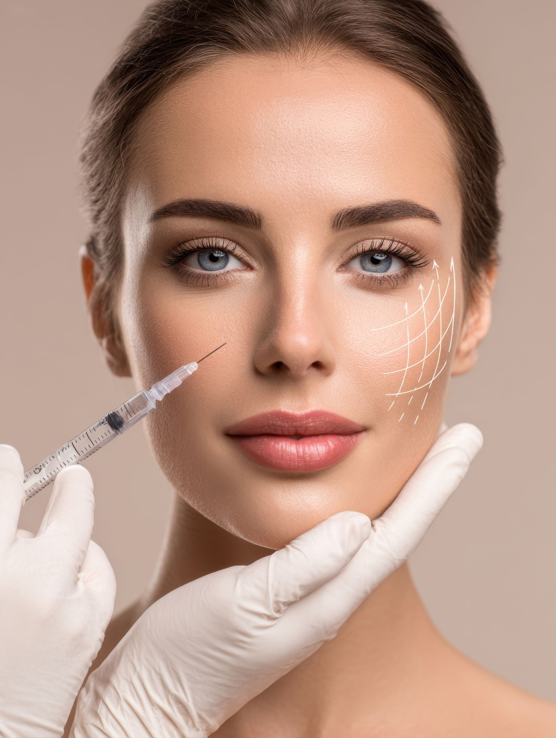 Des mains gantées injectent du produit dans la joue d'une femme à l'aide d'une seringue lors d'une intervention esthétique.
