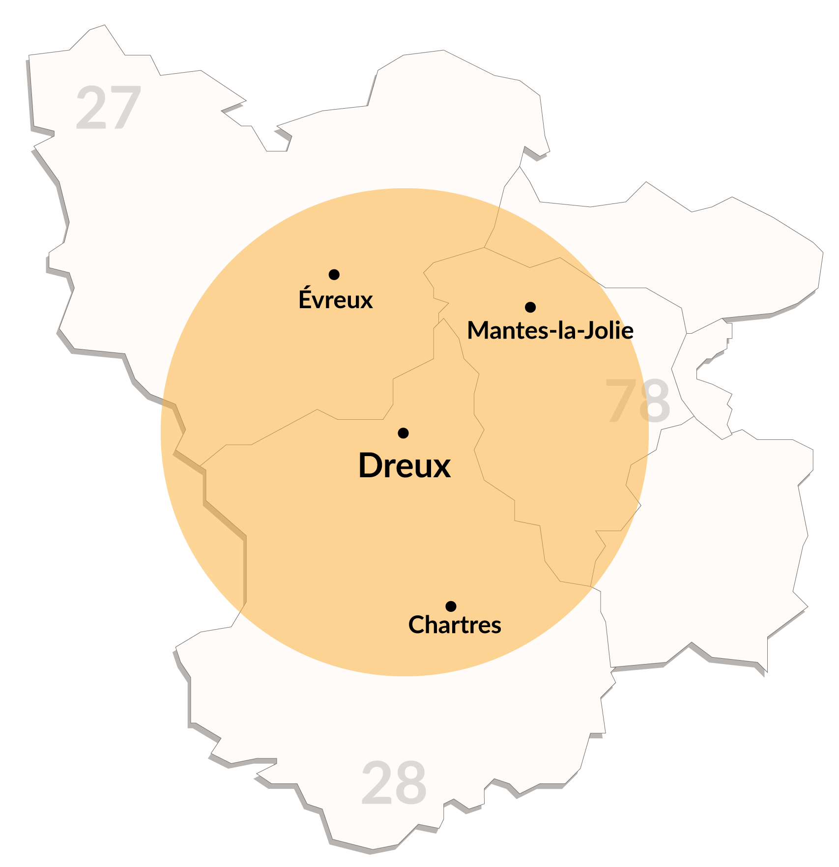 Carte d'intervention autour de la ville de Dreux.