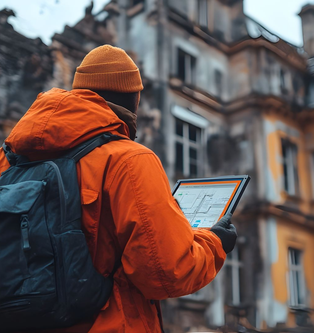 Personne portant une veste orange et un chapeau avec un sac à dos, regardant une tablette avec une carte devant un bâtiment.
