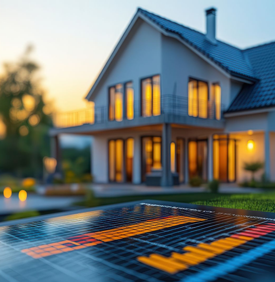 Panneau solaire en gros plan, maison moderne en arrière-plan au crépuscule.