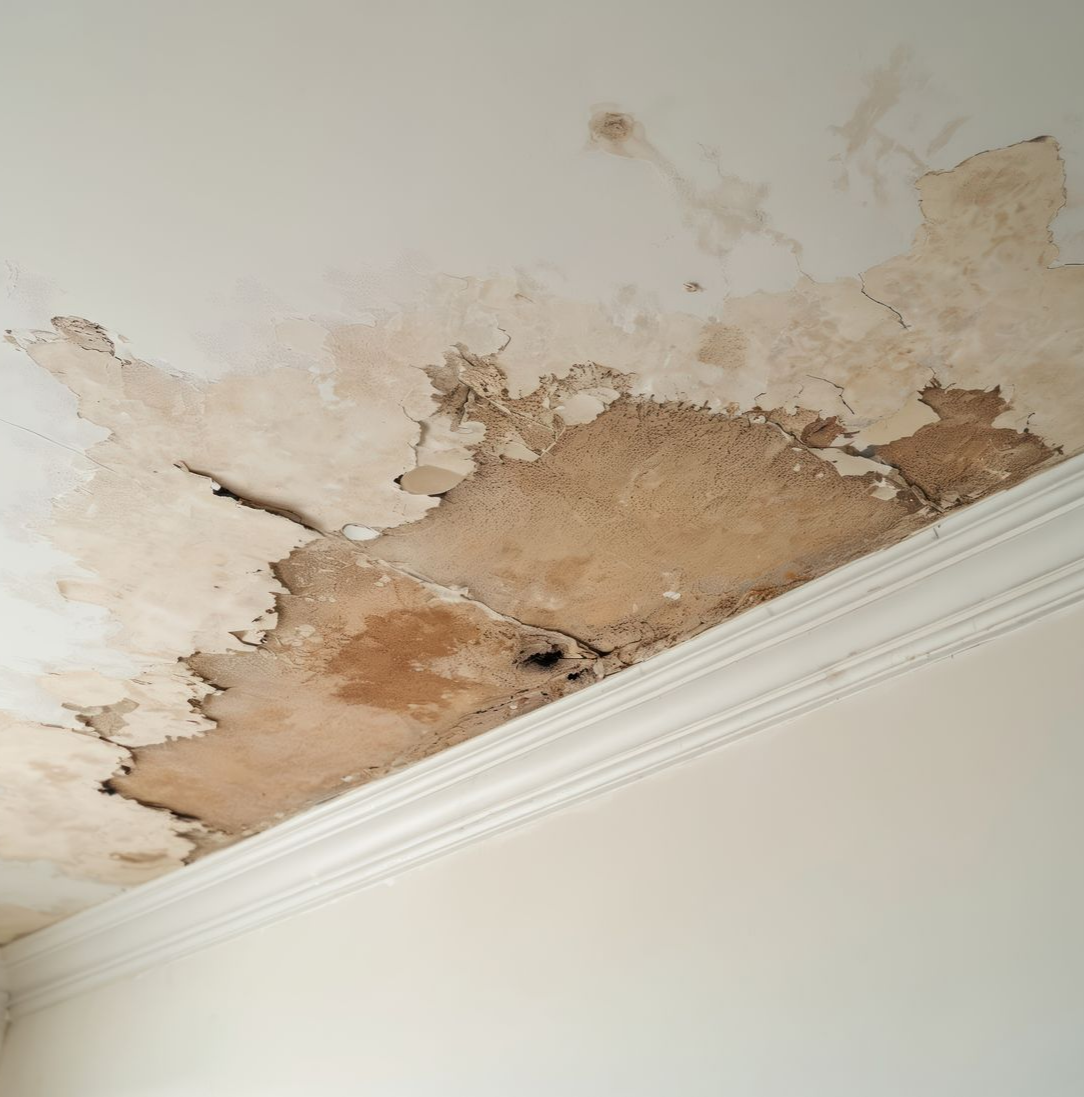 Plafond endommagé avec taches d'eau et peinture effritée.