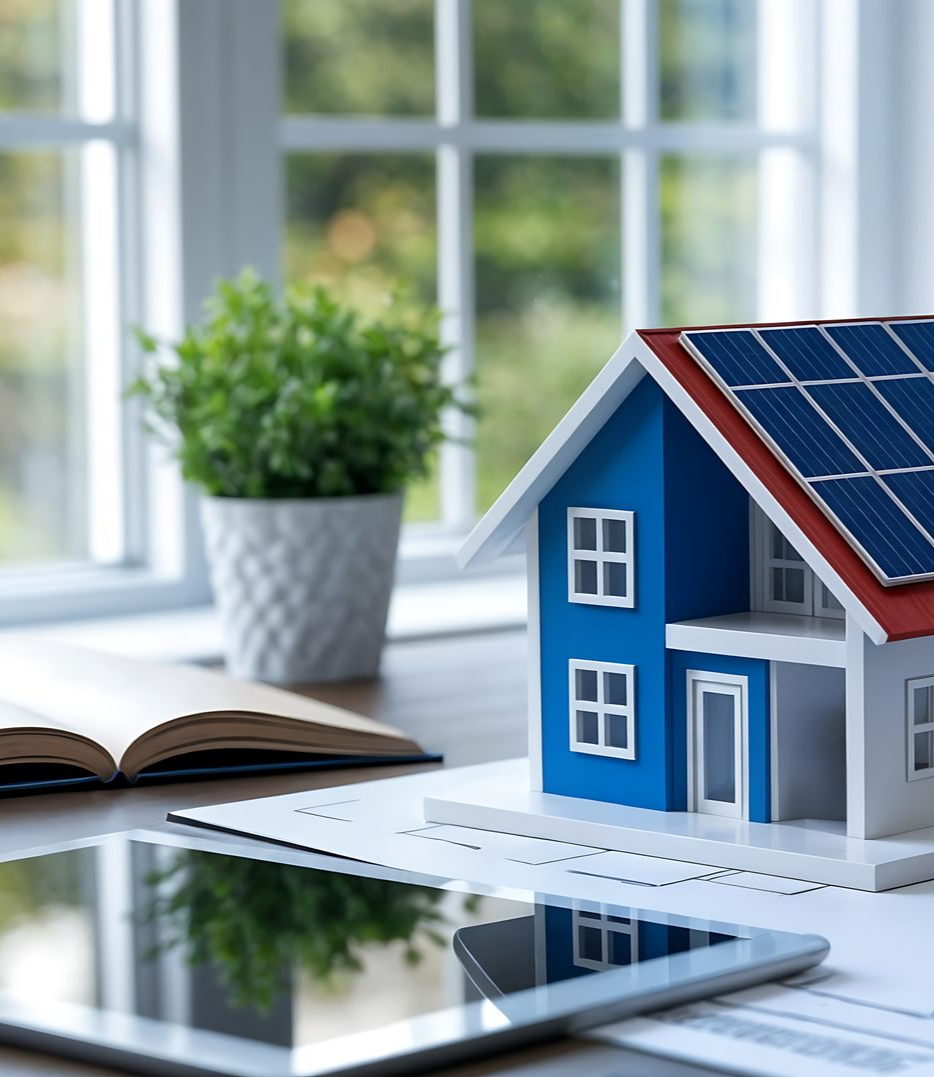 Modèle de maison avec panneaux solaires, tablette, livre ouvert et plante sur un bureau près de la fenêtre.