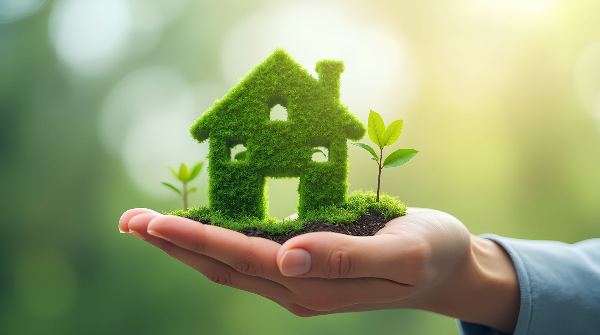 Main tenant une petite maison recouverte de mousse avec deux plantes en croissance, symbolisant une vie durable.