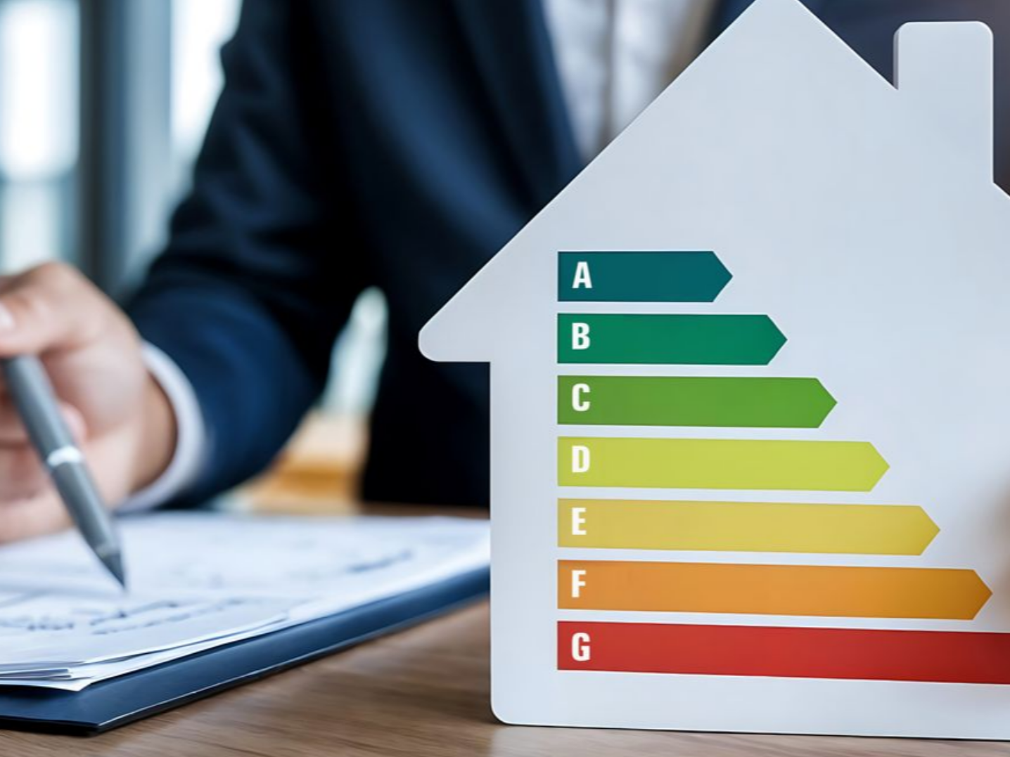 Une personne examine des documents à côté d'une étiquette d'efficacité énergétique en forme de maison avec des notes AG.