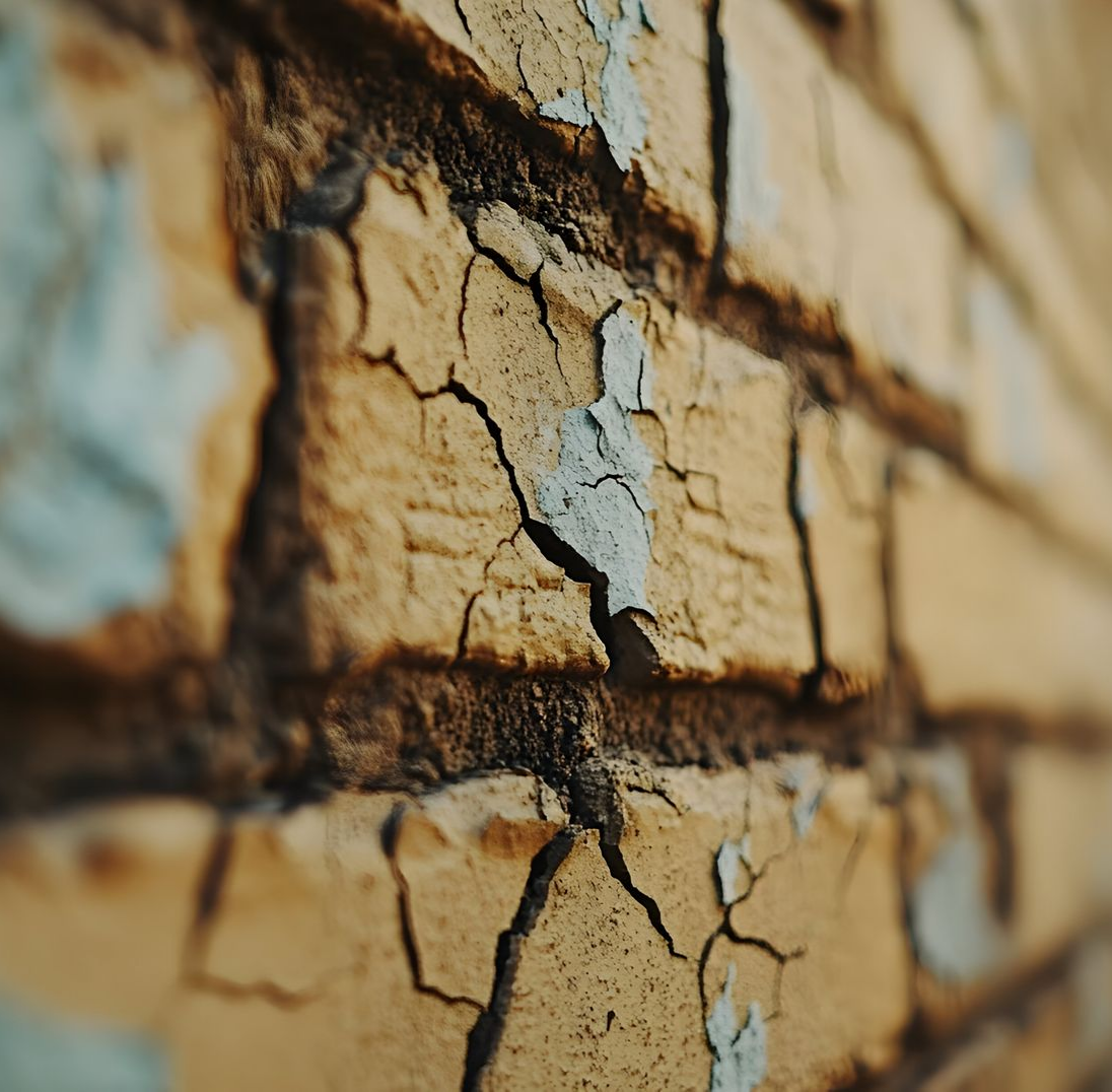 Gros plan d'un mur de briques avec de la peinture écaillée et craquelée dans des tons de marron, beige et bleu.