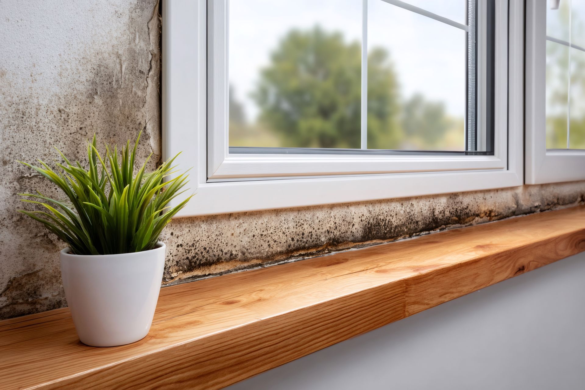 Fenêtre avec un rebord en bois, une plante en pot et de la moisissure visible ; arbres flous à l'extérieur.