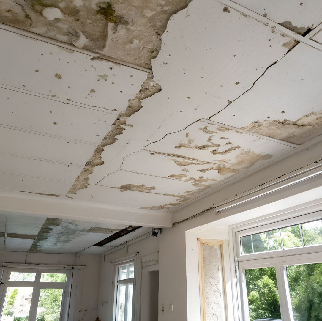 Plafond endommagé avec peinture écaillée et fissures dans une pièce intérieure avec fenêtres.