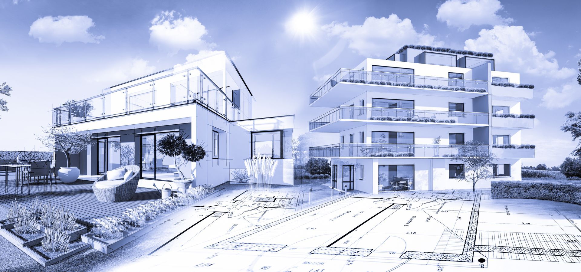 Rendu architectural d'un complexe de bâtiments modernes à plusieurs étages, d'une teinte bleu clair et d'une base de plan.