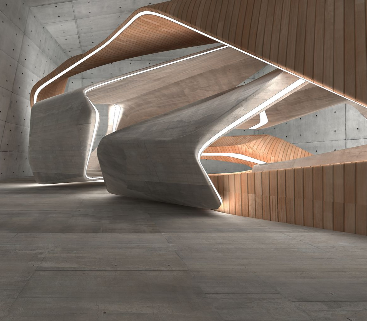 Intérieur moderne avec murs en béton, accents en bois et lumières linéaires lumineuses.