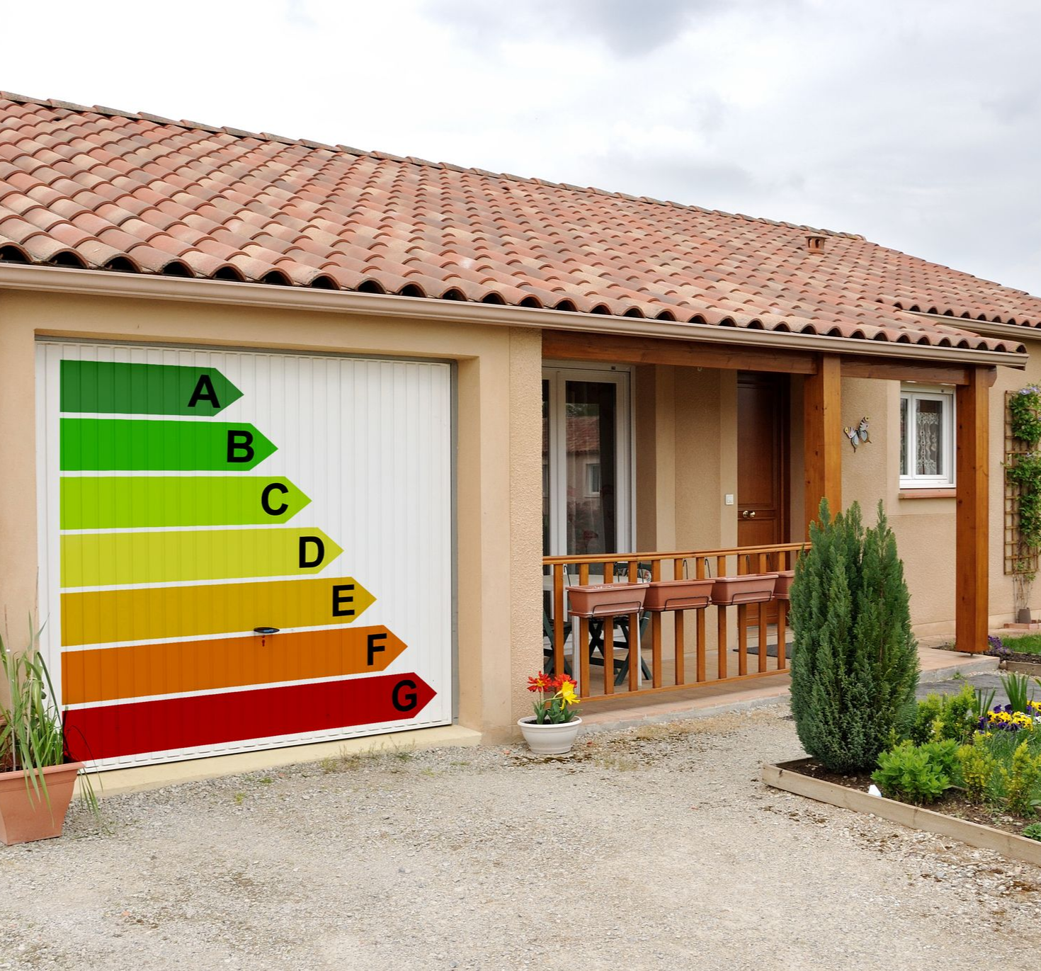 Une maison avec une porte de garage comportant une échelle d'efficacité énergétique.