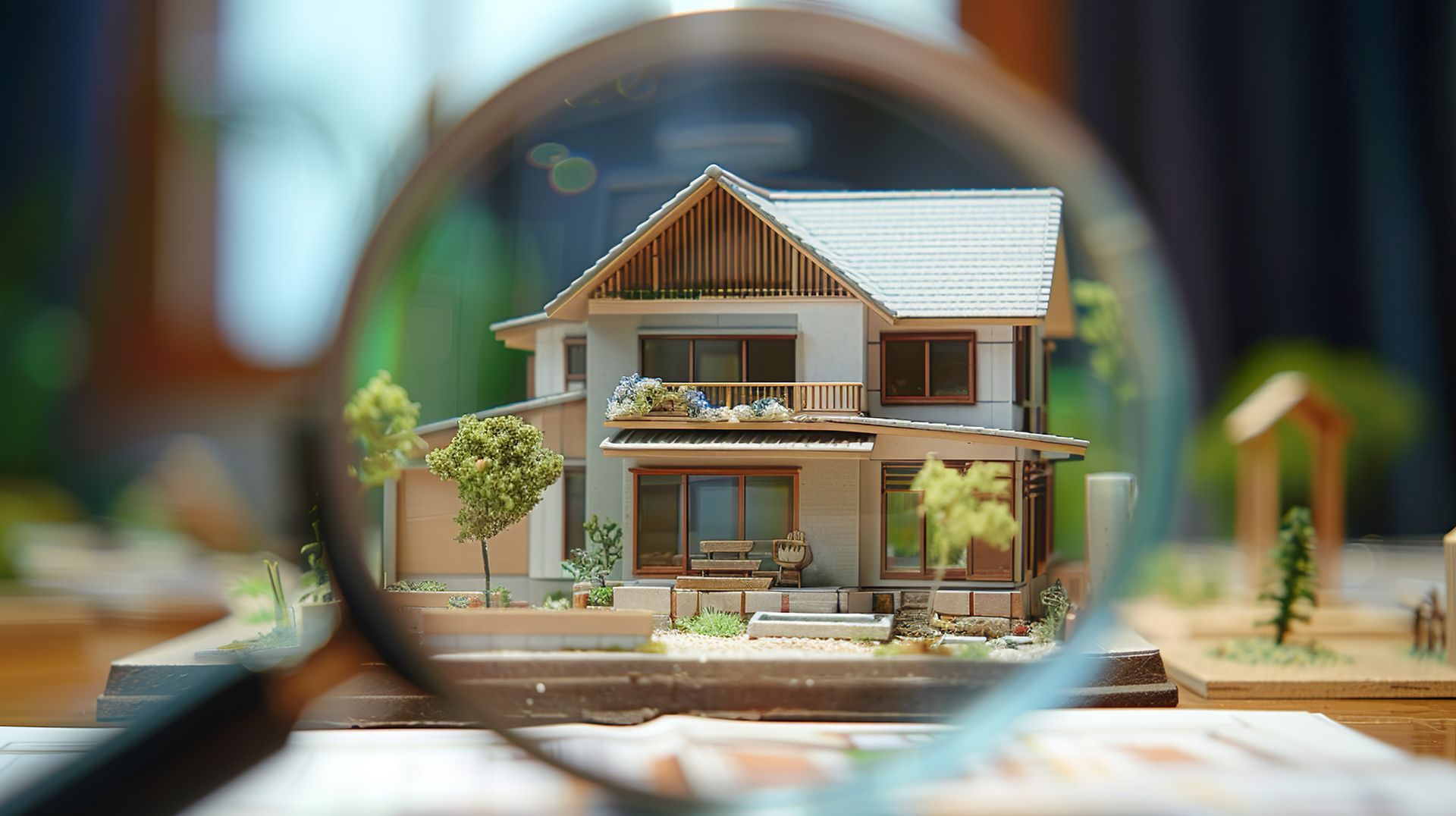 Modèle de maison vu à travers une loupe, en mettant l'accent sur les détails comme les fenêtres et les balcons.