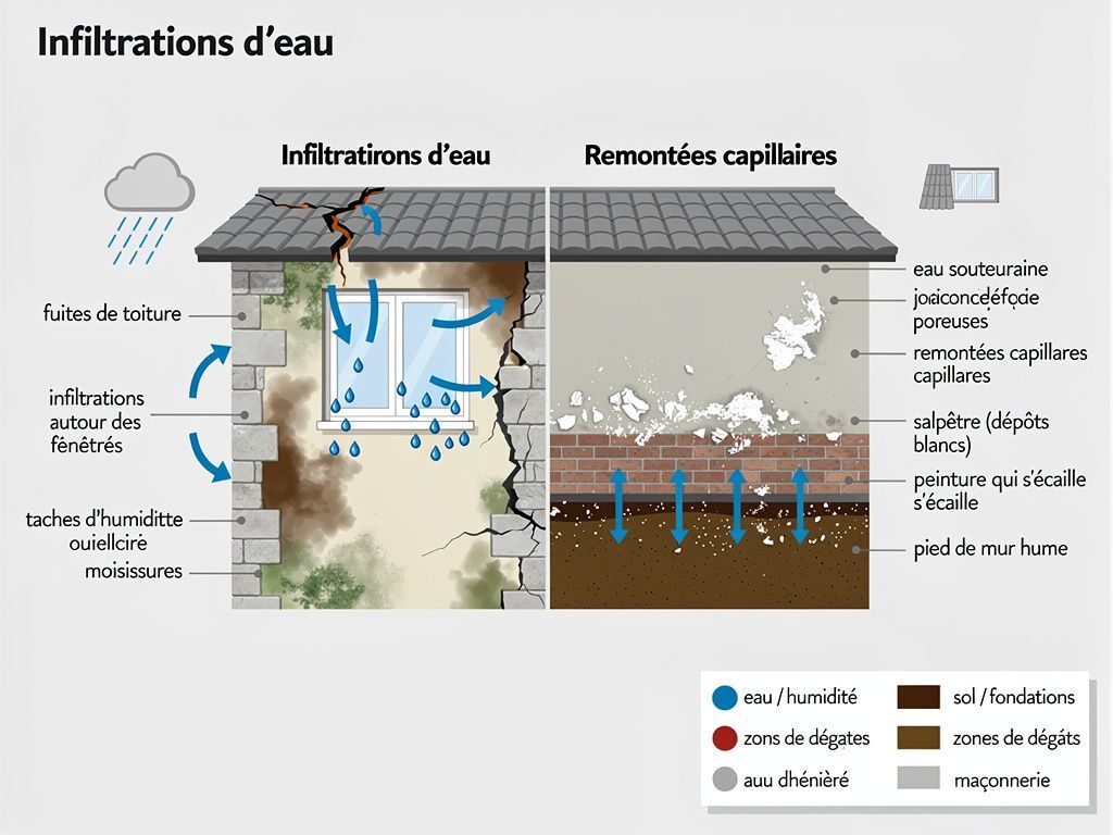 Schémas identifiants les phénomènes d'infiltration et de remontées capillaires